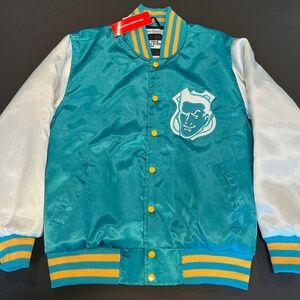 Headgear Classics Ray Finkle Ace Ventura Satin Jacket Teal Yellow Size M NWT